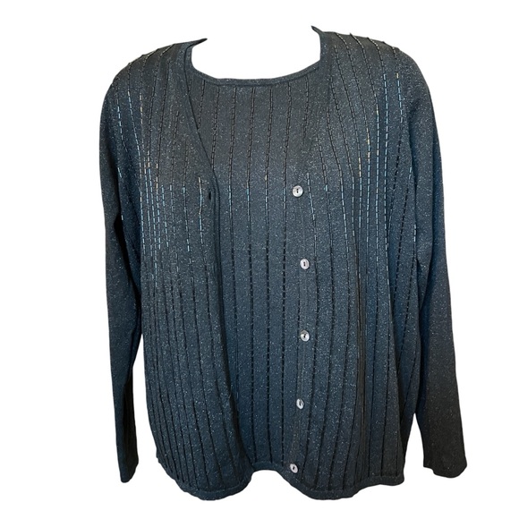 C'est City silk metallic beaded sweater set V cardigan over tank black knit - Picture 3 of 14